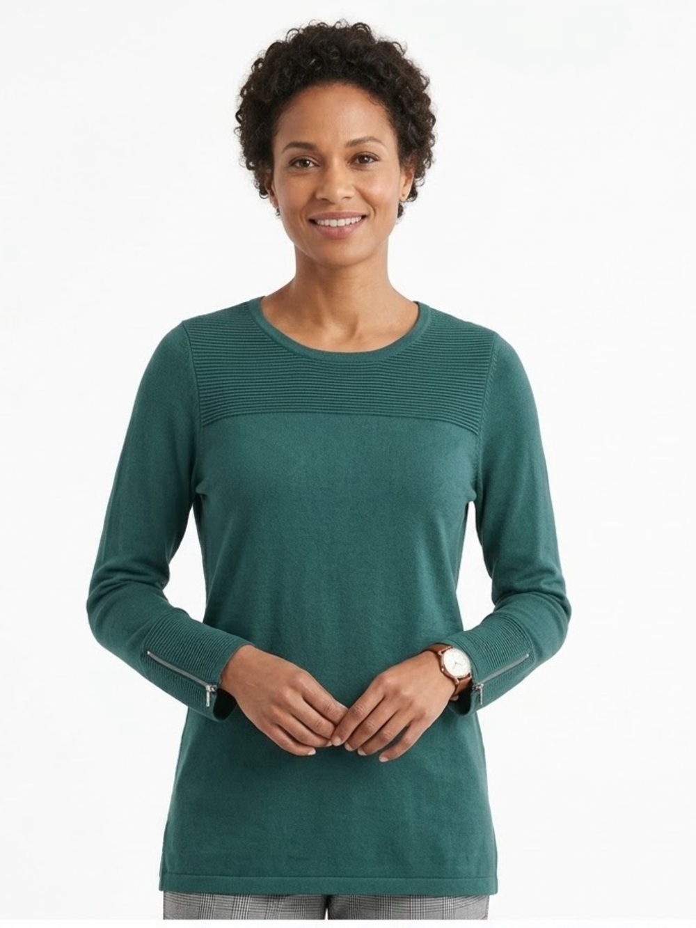 Chico’s Forest Green Long Sleeve Sweater Zipper Sleeves Classic Modern